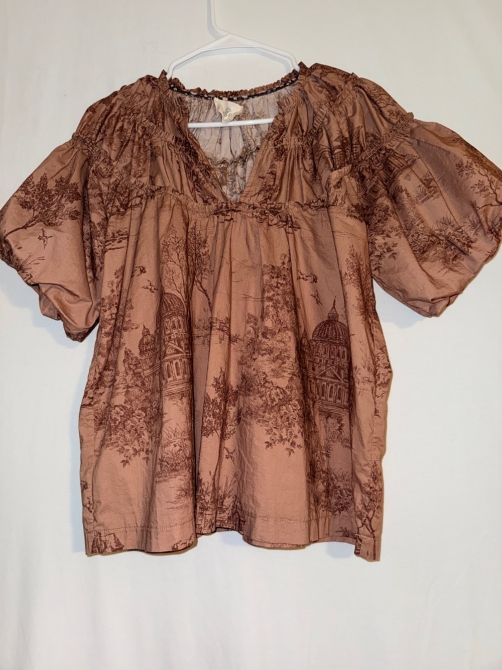 Umgee Toile Print Peasant Blouse Puff Sleeve Cottagecore Top No size tag ~S/M